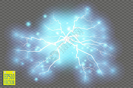 蓝色抽象能量冲击爆炸特殊光效与火花 矢量发光功率闪电簇 透明背景上的放电 高压带电电芯闪电震惊射线耀斑螺栓释放活力粒子电气收费图片