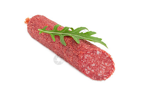 浅背景的萨拉米和青叶食物烹饪植物牛肉猪肉小吃肉制品香肠野菜叶子图片