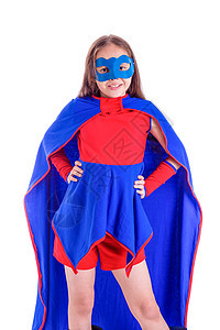 穿着超级英雄服装的年轻女孩童年力量双手孩子游戏自由英雄红色戏服喜悦图片