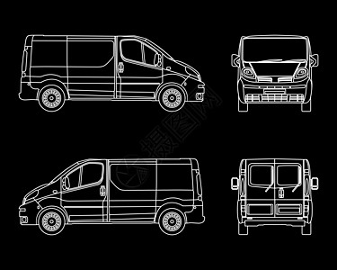 白色线性汽车矢量 黑色背景上孤立的货运小型货车图片