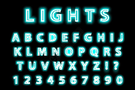 黑色背景上的现代时尚蓝色霓虹灯字母表 LED 发光字母字体 发光数 矢量图图片