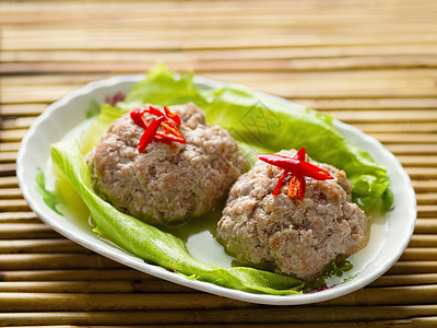 中国人蒸狮子头猪肉球烹饪红色水平肉丸食物狮子猪肉背景图片