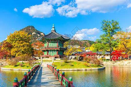 秋天在韩国首尔京博肯庄宫地标建筑旅行天空街道城市木头旅游场景图片