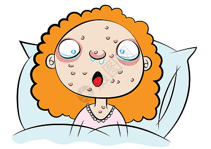 在床上生病的可爱女孩白色孩子们鼻子孩子麻疹休息斑点疾病眼睛皮疹图片