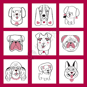 集合与可爱的狗设置在素描卡通风格设计图片
