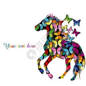 带有图案的马和蝴蝶的色彩丰富的插画动物插图艺术墙纸白色创造力玩具彩虹图片