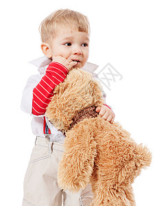 男孩抱抱熊童年快乐玩具孩子幸福儿童拥抱男性喜悦白色图片