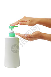 女性双手推动泵塑料瓶分离剪切路径图片