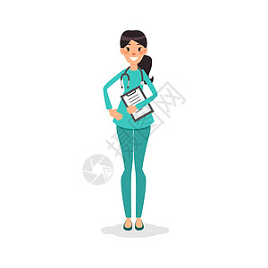 卡通平面护士微笑 有听诊器和病史的年轻女医生 医疗或信息海报的护理女性角色 快乐的护士 医生或健康日关心诊所专家治疗临床成人男人图片