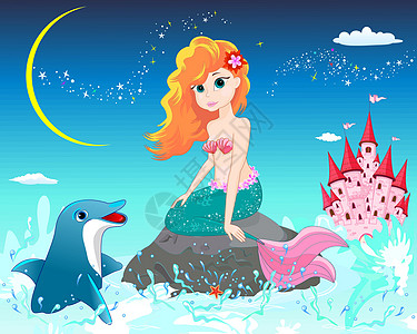美人鱼和海豚童话石头卡通片海星蓝色女孩城堡星星插图月亮图片