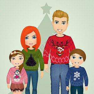 圣诞节带羊毛衣服的家属庆典礼物插图绘画夫妻家庭男生快乐孩子们女孩图片