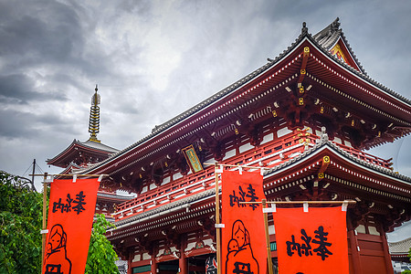 日本东京Sensoji寺庙Kaminarimon门和塔塔浅草寺庙灯笼宗教神社入口观音神道吸引力历史性图片
