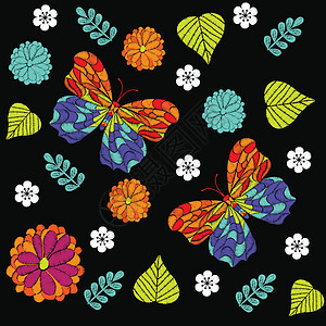 刺绣无缝图案与美丽的花朵和 butterfl蝴蝶装饰草本植物叶子黑色插图打印装饰品纺织品植物图片