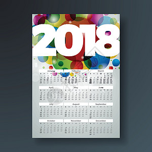 矢量日历 2018 模板说明 在抽象多彩背景上显示白号 星期天开始数字办公室季节新年时间日程桌子商业插图日记图片