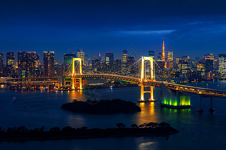 东京天线 有彩虹桥和东京塔台 日本东京地标建筑商业游客市中心彩虹风景景观城市场景图片