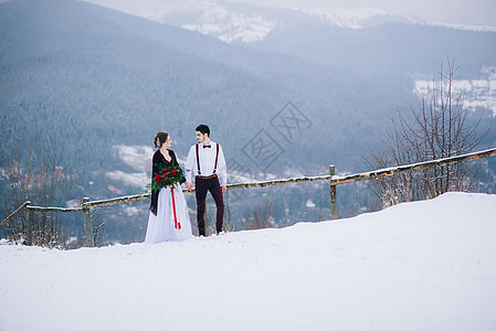 新郎和新娘在喀尔巴阡山散步男人幸福夫妻山脉绣花胡须裙子棕色婚礼皮肤图片