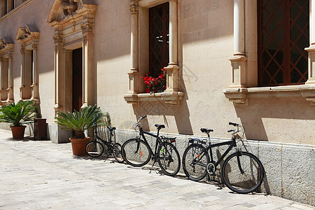 在西班牙阿尔库迪亚一栋美丽的建筑附近停放的自行车图片