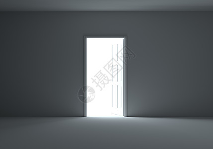 一扇敞开的门 光线流入黑暗的房间出口3d灰色房子框架白色生活自由场景入口图片