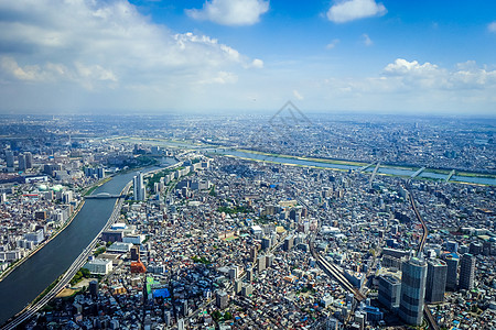 日本东京市天线空中观测 日本蓝色城市全景场景观光墨田市中心建筑学商业中心图片