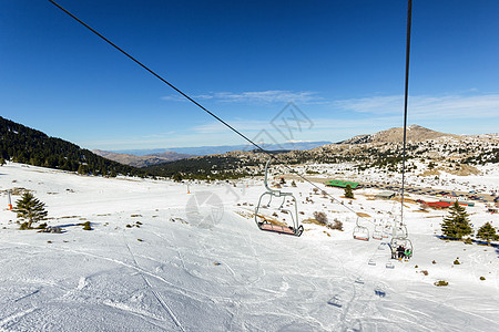 滑雪度假胜地的滑雪电梯中心山顶白色高度爬坡蓝色晴天天空背景图片