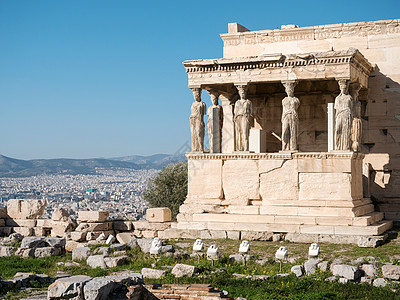 洛邑古城亚克洛波利斯与迦勒雅特人合著的埃雷希姆神殿文化白色建筑学蓝色天空古城废墟石头大理石背景