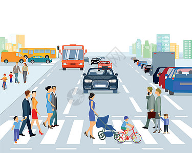 具有公路交通和行人 插图的大城市图片