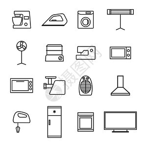 从细线的家用电器图标 矢量说明用具微波电视汽船房子加热器清洁工冰箱机器厨房图片