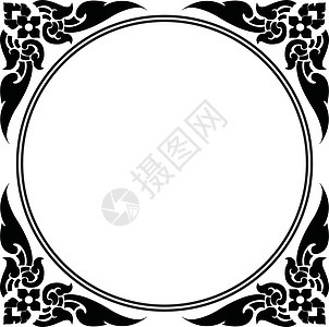 泰国模式的圆形框架黑色装饰圆圈边界插图艺术古董风格植物白色图片