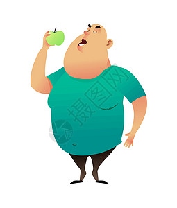 一个胖子咬了一个苹果 有用的习惯和健康的饮食理念 胖子梦想减肥 选择健康饮食 健康的生活方式和适当的营养生活方式午餐腰围男性磁带图片