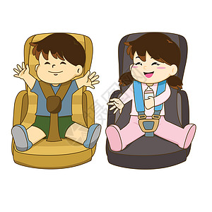 男孩和女孩坐在汽车座椅上戴着安全带的矢量图片