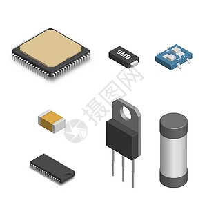 3D 矢量图中的一组不同的电子元件按钮微电路电容器切换器保险丝塑料金属插图电压处理器图片