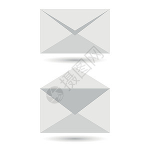 两个空白信封 — 在灰色背景上打开了一个封闭的带有柔和阴影的信封图片
