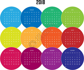 2018 年日历与五颜六色的圆圈设计元素中的月份 星期从星期日开始 它制作图案的简单平面矢量图图片