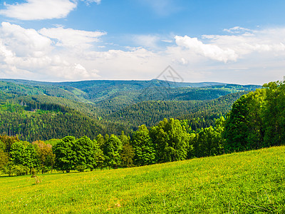 美丽的夏季山地景观 有红绿草原 森林和蓝天空 白云笼罩农业城市地平线环境空地场地草地自由公园阳光图片