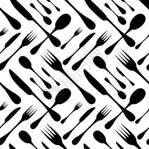 餐具无缝矢量模式 银器手工工具勺刀和叉子在白色背景上的黑色剪影 餐厅和餐主题壁纸设计纺织品小酒馆厨房用餐咖啡店美食邀请函插图打印图片
