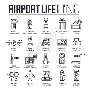 在机场设计中工作和登记人员和行李的细线工作人员 注册大纲矢量图的概念入口飞机假期雇主运输游客航空公司服务接待自动扶梯图片