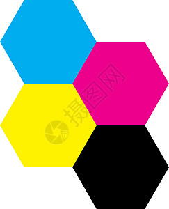 CMYK 颜色的四个六边形 打印机主题 它制作图案矢量白色墨盒商业蓝色插图艺术横幅合伙黄色标识图片