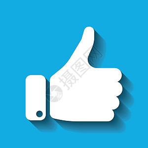 在蓝色背景上竖起大拇指的白手剪影 表示赞同 表示赞同或鼓励的手势 矢量图和掉落的影子图片