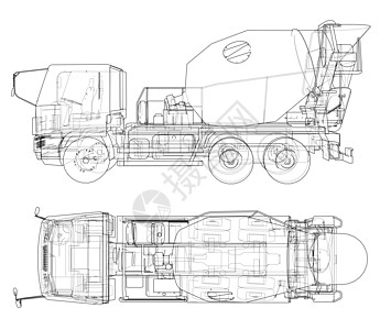 卡车搅拌机草图  3d 它制作图案建筑运输工业送货车轮建设者蓝图技术车辆货物图片