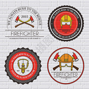 消防员标志元素的标签模板为您的产品或 designweb 和移动应用程序与文本 邮票符号上带有细线孤立图标的矢量图解头盔火焰质量图片