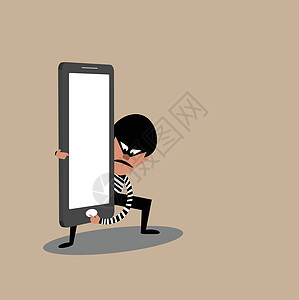 拿着智能手机的小偷的矢量 黑客窃取数据让步图片