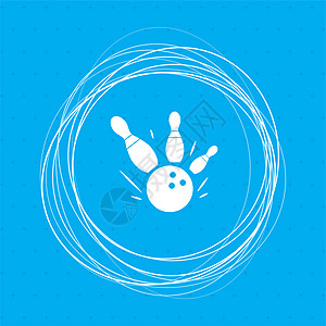 在蓝色背景上打保龄球游戏圆球图标 周围有抽象的圆圈和文字位置图片