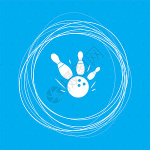 在蓝色背景上打保龄球游戏圆球图标 周围有抽象的圆圈和文字位置分裂高清图片素材