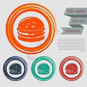红色 蓝色 绿色 橙色按钮上的汉堡 三明治 汉堡图标 适用于您的网站和带有空格文本的设计图片