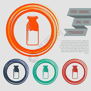 用于您网站的红色蓝色绿色橙色按钮上的传统牛奶瓶图标和带空格文本的设计图片
