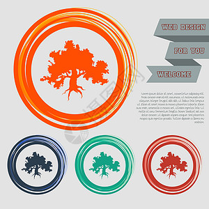 红色 蓝色 橙色按钮上装饰的绿色简单树图标 用于网站和带有空间文字的设计图片