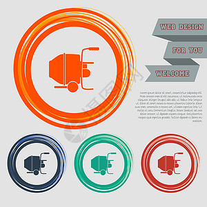 用于您网站的红色蓝色绿色橙色按钮上的混凝土搅拌机图标和带有空格文本的设计图片