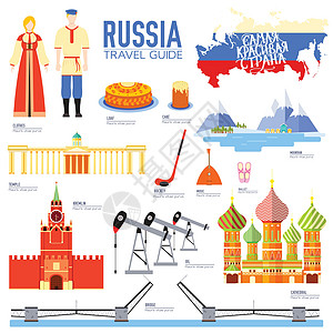 商品 地点和特色的俄罗斯国家旅游度假指南 集建筑 人物 文化 图标背景概念于一体 用于网络和移动设备的信息图表模板设计 平面样式图片