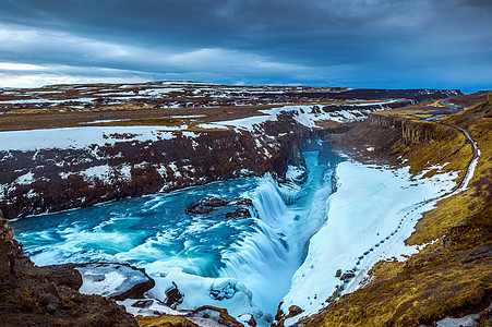 Gullfos瀑布在冰岛的著名地标图片
