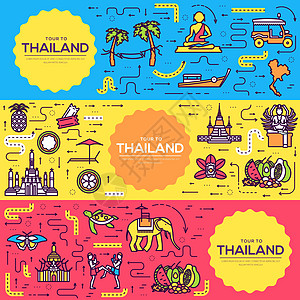 泰国国家旅游度假指南的地方和特色横幅 集建筑 时尚 人物 物品背景大纲概念于一体 图表传统民族细线图标模板图片